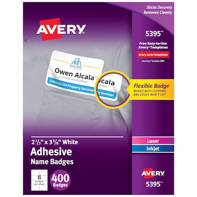Avery Flexible Laser/Inkjet Name Badge Labels, 2 1/3 x 3 3/8, White, 400 Labels Per Pack (5395)