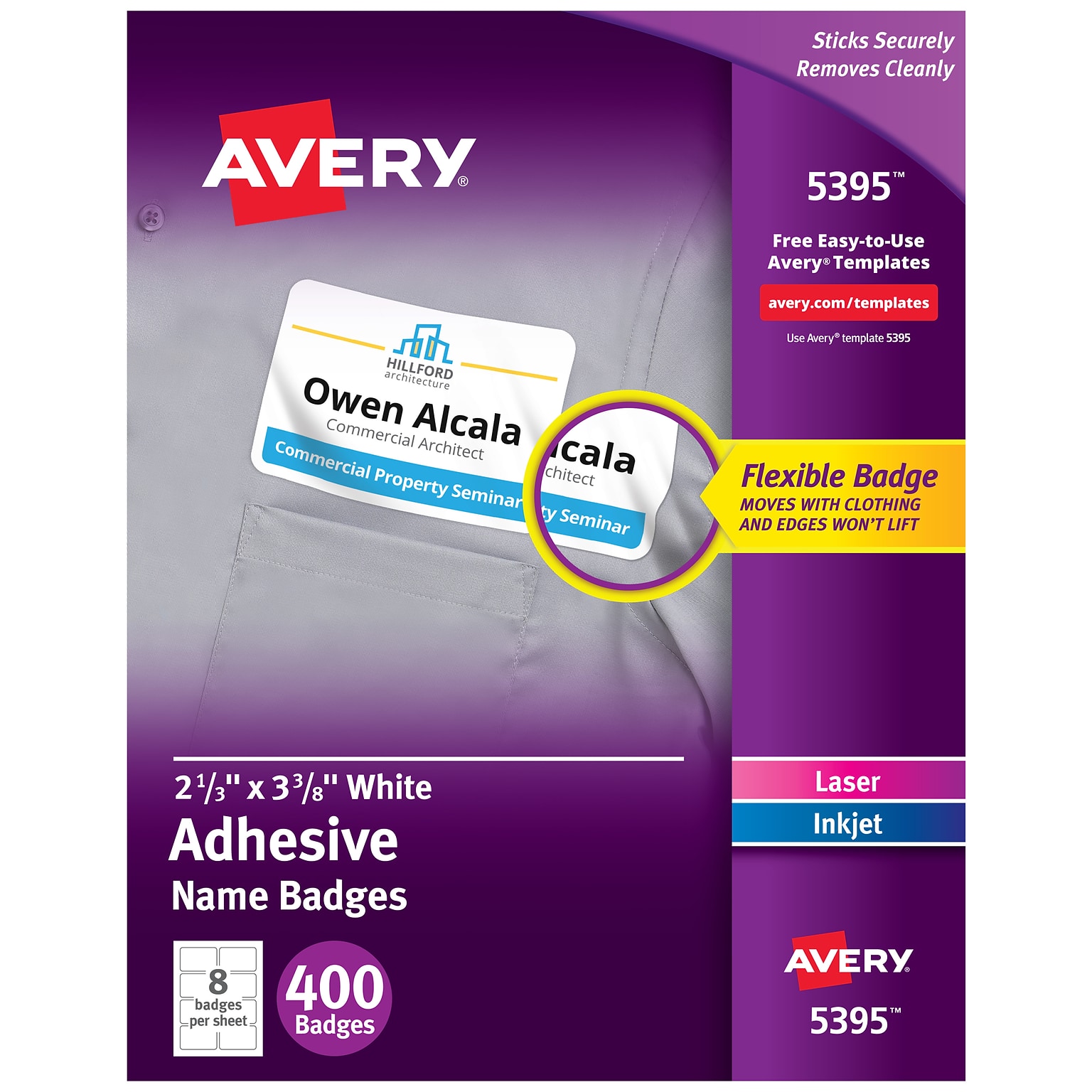 Avery Flexible Laser/Inkjet Name Badge Labels, 2 1/3 x 3 3/8, White, 400 Labels Per Pack (5395)