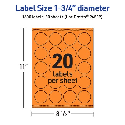 Avery Laser/Inkjet Multipurpose Circle Labels, 1.75" Dia., Bright Orange, 1600/Box (94509)