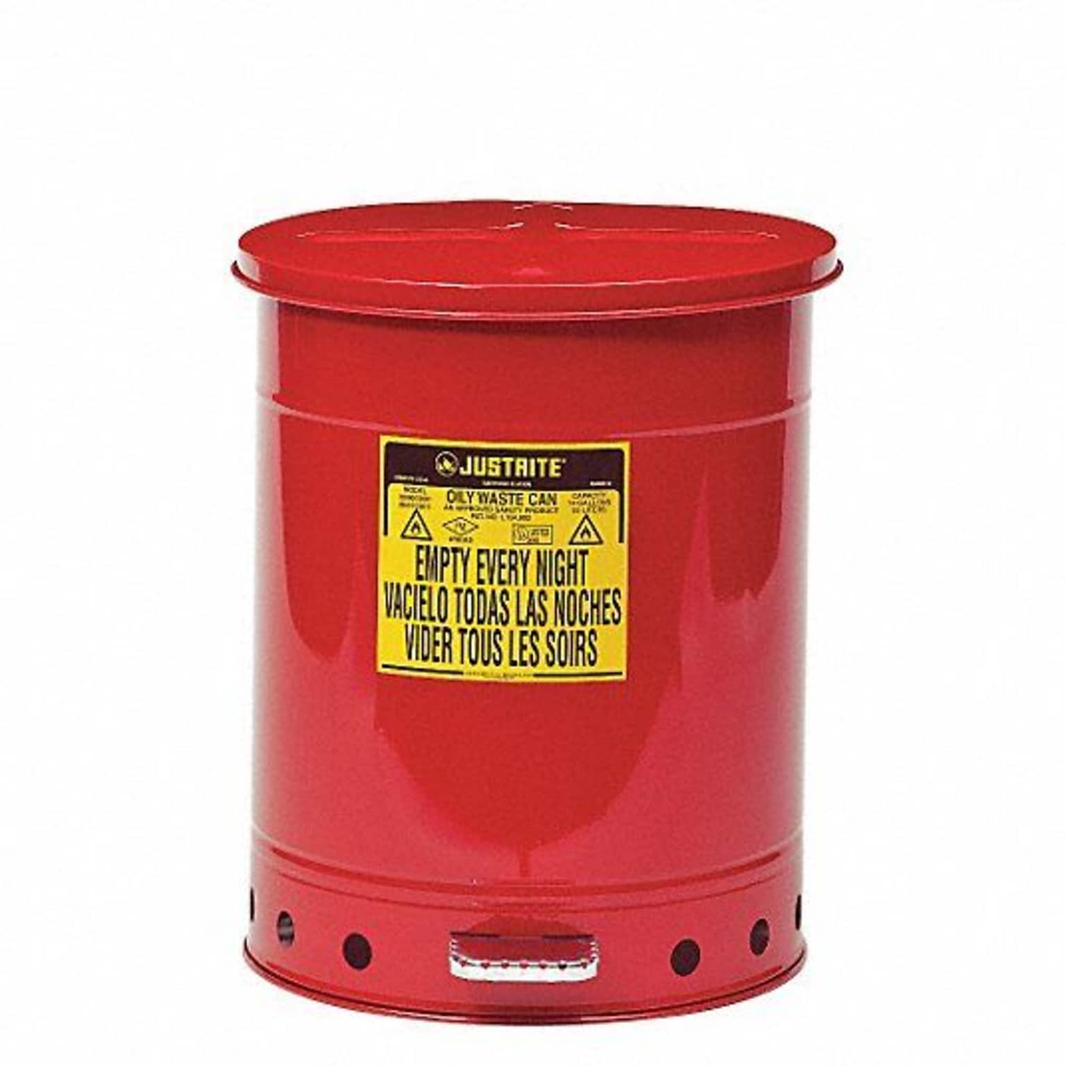 Justrite Oily Waste Can With Foot-Operated Self-Closing Cover, UL, Red, Capacity 14 Gallons