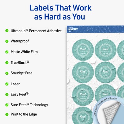 Avery Waterproof Round Laser Multipurpose Labels, 1.75 Dia., White, 2000/Box (19479399439)
