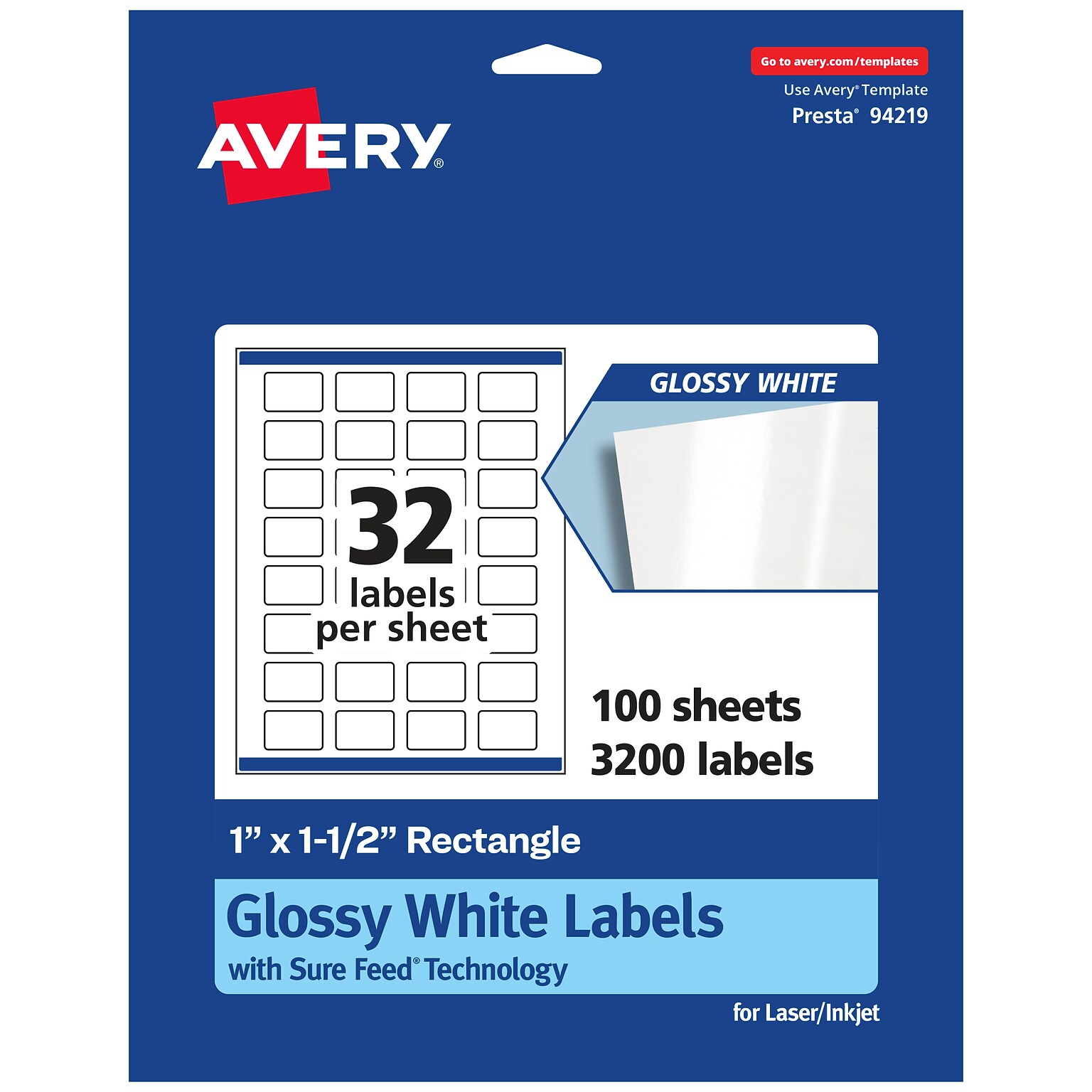Avery Laser/Inkjet Rectangle Multipurpose Labels, 1.5  x 1, Glossy White, 3200/Box (94219)