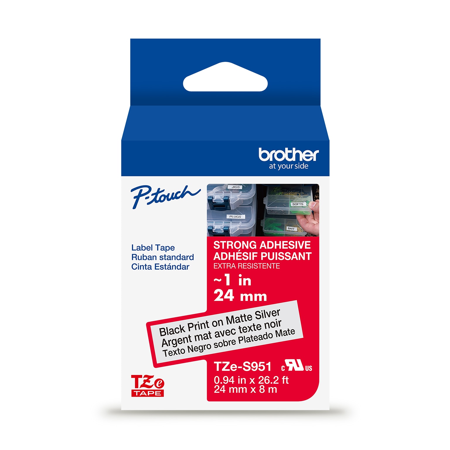 Brother P-touch Strong Adhesive Laminated Label Tape, ~1 x 26.2, Black on Matte Silver (TZeS951)