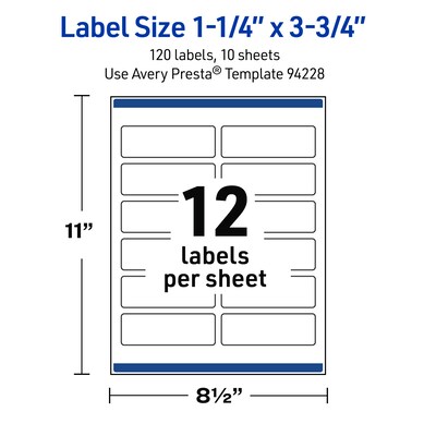 Avery Waterproof Rectangle Laser Multipurpose Labels, 1.25" x 3.75", White, 120/Pack (19479399268)