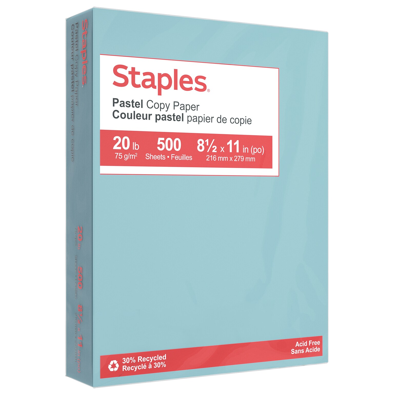 Staples Pastel 30% Recycled Color Copy Paper, 20 lbs., 8.5 x 11, Blue, 500/Ream (14786)