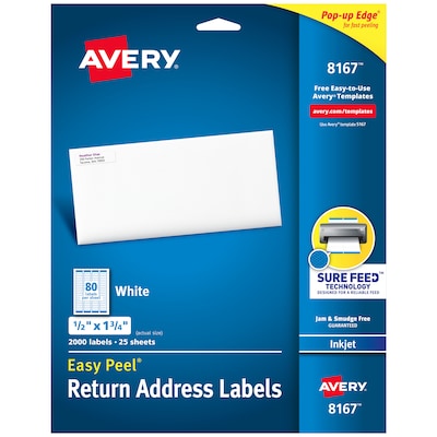 Avery Easy Peel Inkjet Return Address Labels, 1/2 x 1-3/4, White, 80 Labels/Sheet, 25 Sheets/Pack