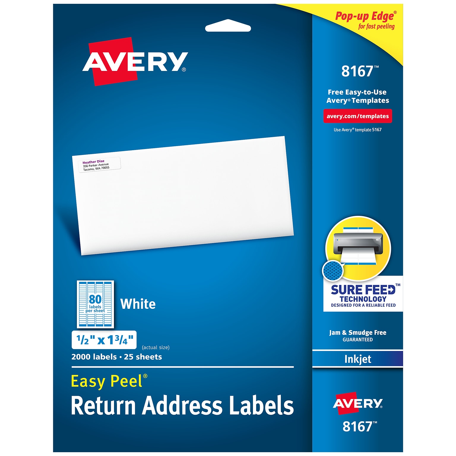 Avery Easy Peel Inkjet Return Address Labels, 1/2 x 1-3/4, White, 80 Labels/Sheet, 25 Sheets/Pack (8167)