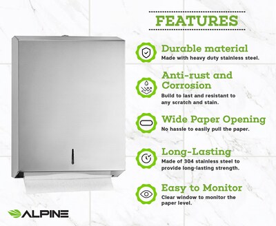 Alpine Industries Centerpull Paper Towel Dispenser, Stainless Steel, 2/Pack (480-2PK)