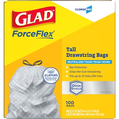 Glad ForceFlex Tall 13 Gallon Drawstring Kitchen Trash Bag, Grey, 100 Total Bags (70427)