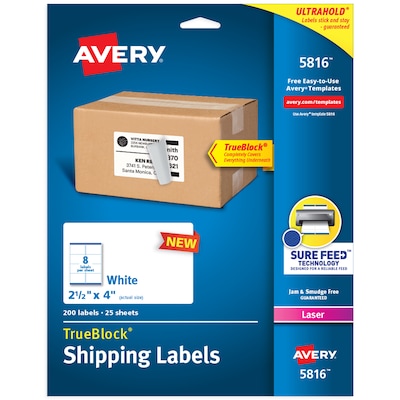 Avery TrueBlock Laser Shipping Labels, 2-1/2 x 4, White, 8 Labels/Sheet, 25 Sheets/Pack, 200 Label