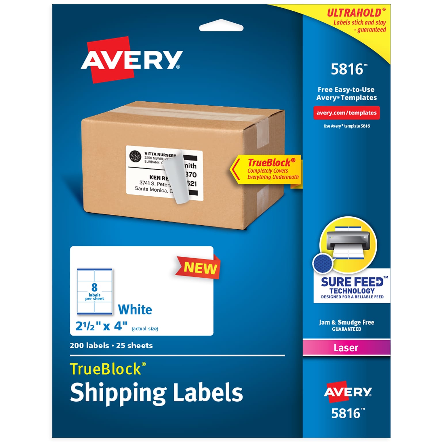 Avery TrueBlock Laser Shipping Labels, 2-1/2 x 4, White, 8 Labels/Sheet, 25 Sheets/Pack, 200 Labels/Pack (5816)