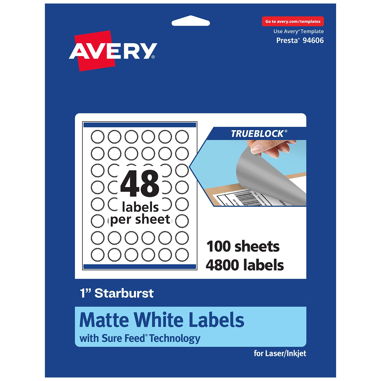 Avery TrueBlock Burst Multipurpose Labels, 1, White, 4800/Box (94606)