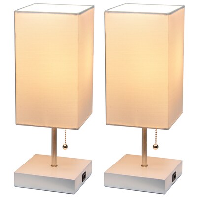 Simple Designs Petite White Stick Lamp with USB Charging Port and Fabric Shade, White, 2/Pack (LC200