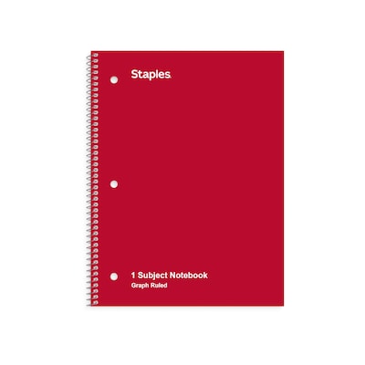 Staples 1-Subject Notebook, 8 x 10.5, Graph Ruled, 70 Sheets, Red (TR23984)