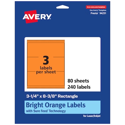 Avery Rectangle Laser/Inkjet Multipurpose Labels, 3-1/4 x 8-3/8, Bright Orange (240/Box)