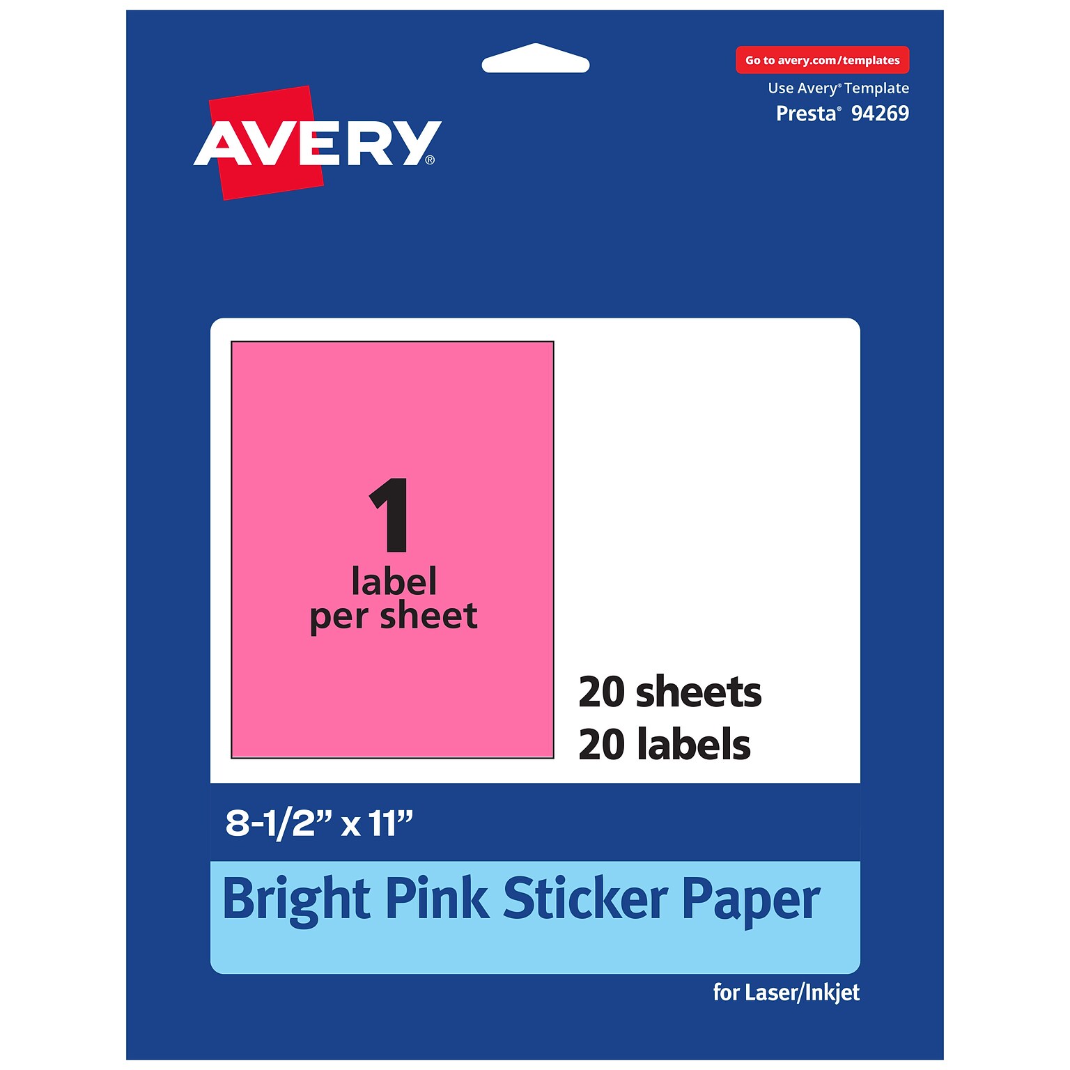 Avery Laser/Inkjet Rectangle Multipurpose Labels, 8.5 x 11, Bright Pink, 20/Pack (94269)