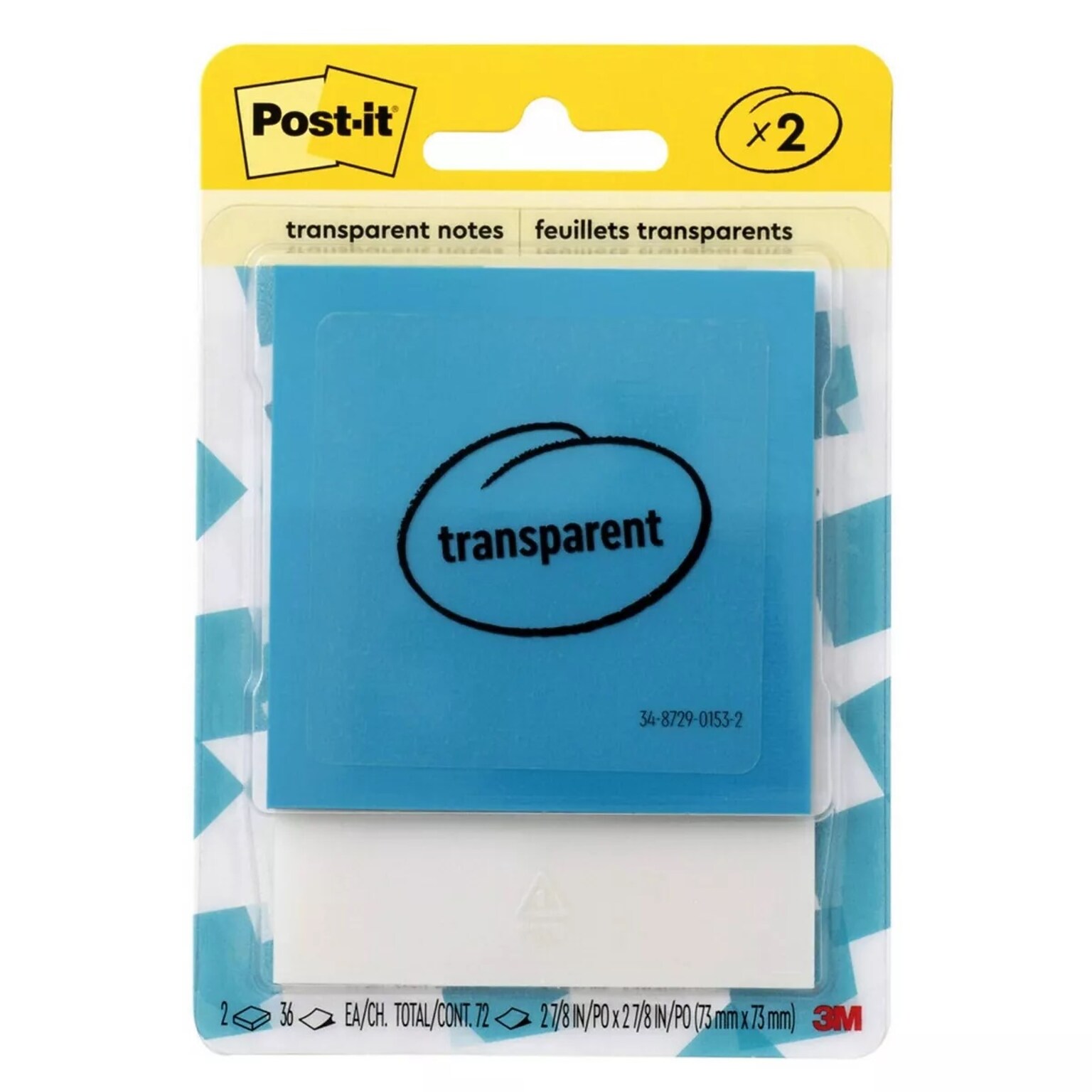 Post-it Transparent Sticky Notes, 2.875 x  2 .875, Assorted Colors, 36 Sheets/Pad, 2 Pads/Pack (600-2TRCOL)