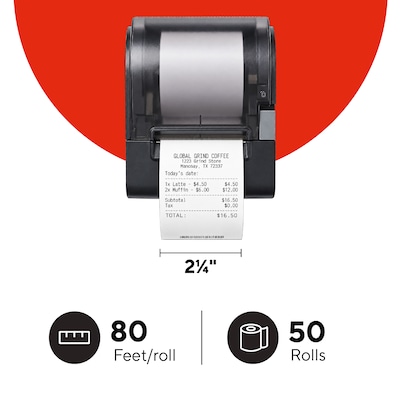 Staples Thermal Cash Register/POS Rolls, 1-Ply, 2 1/4 x 80, BPA Free, 50/Carton (18226-CC)