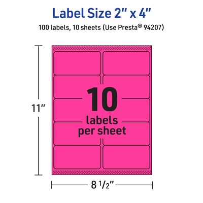 Avery Laser/Inkjet Multipurpose Labels, 4"  x 2", Neon Magenta, 100/Pack (94733)