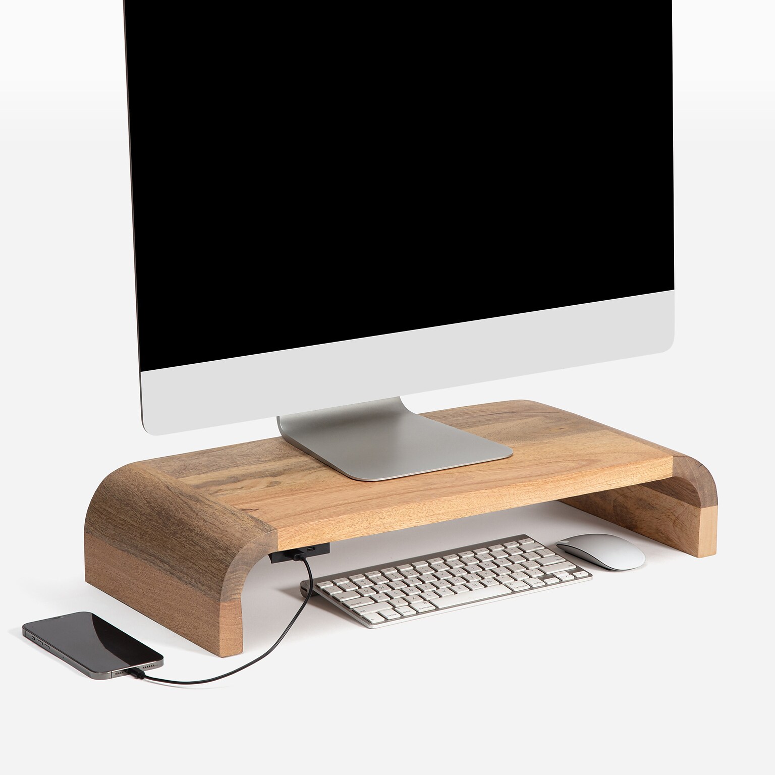Anji Mountain Mango Wood Monitor Stand with Two USB Ports, Up to 32 Monitor, Natural (MS-CRV-MNG-P)