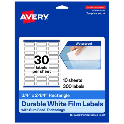 Avery Laser/Inkjet Waterproof Multipurpose Rectangle Labels, 0.75 x 2.25, White, 300 Labels/Pack (94216)