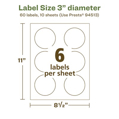 Avery EcoFriendly Laser/Inkjet Circle Multipurpose Labels, 3" Dia., White, 60/Pack (94513)