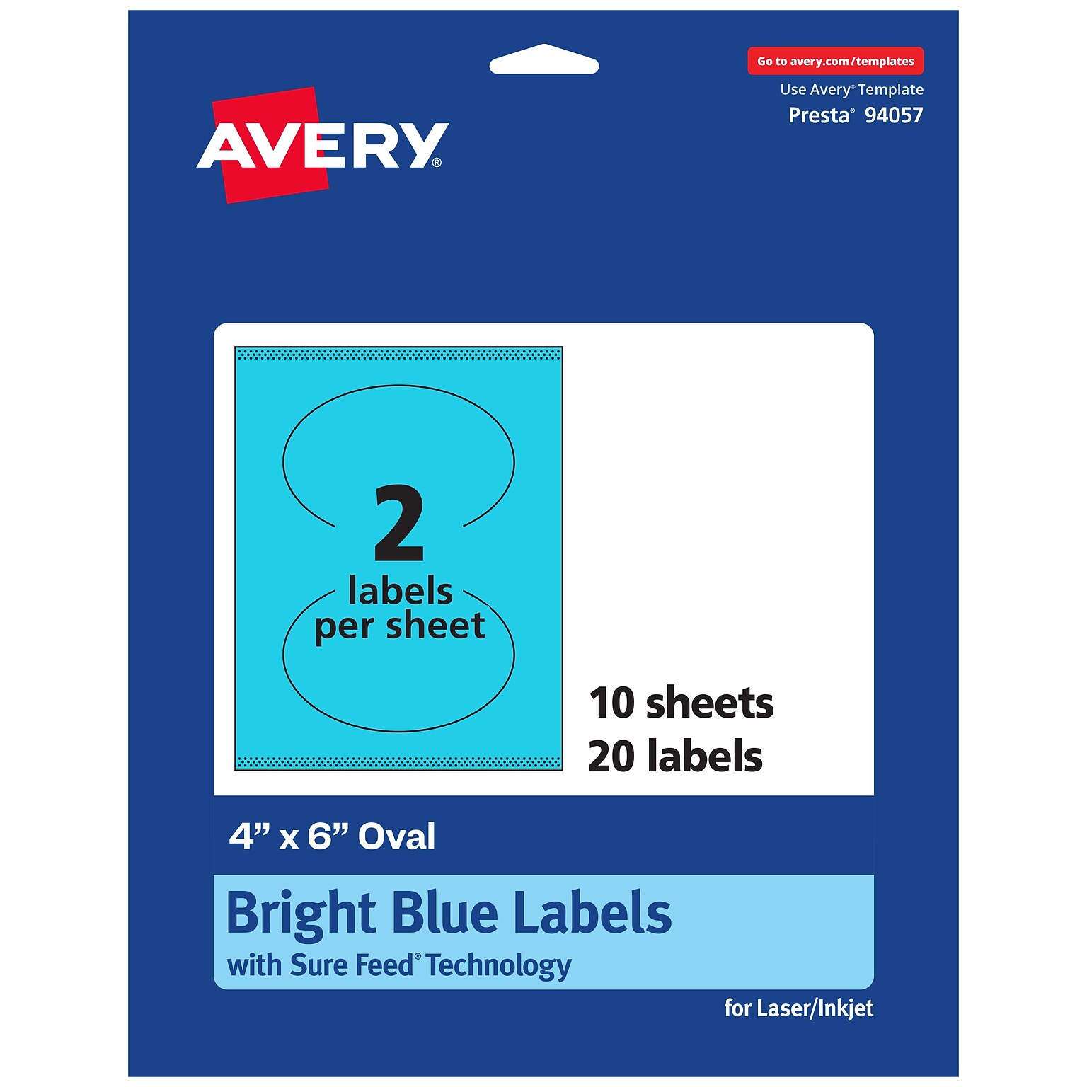 Avery Printable Oval Multipurpose Labels, 4 x 6, Bright Blue, 20/Pack (94057)