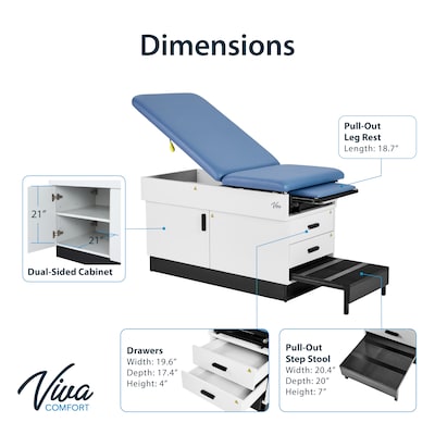 Viva Comfort Slimline Exam Table Base with Leg Rest, Step Stool and Drawers, 420 lbs. Capacity, Blue (ADI996-FBASE-M2-BLU)