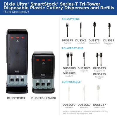 Dixie Ultra SmartStock Tri-Tower Cutlery Station Mini Plastic Dispenser, Heavy-Weight, Black (DUSSTDSP3MINI)