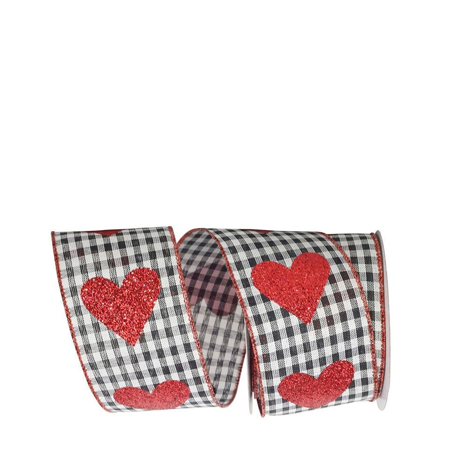 JAM Paper Hearts Glitter Ribbon, Buffalo Plaid/Red (52640340706)