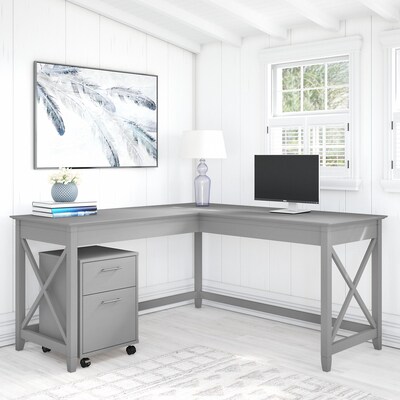 Bush Furniture Key West 60W L Shaped Desk with 2 Drawer Mobile File Cabinet, Cape Cod Gray (KWS013C