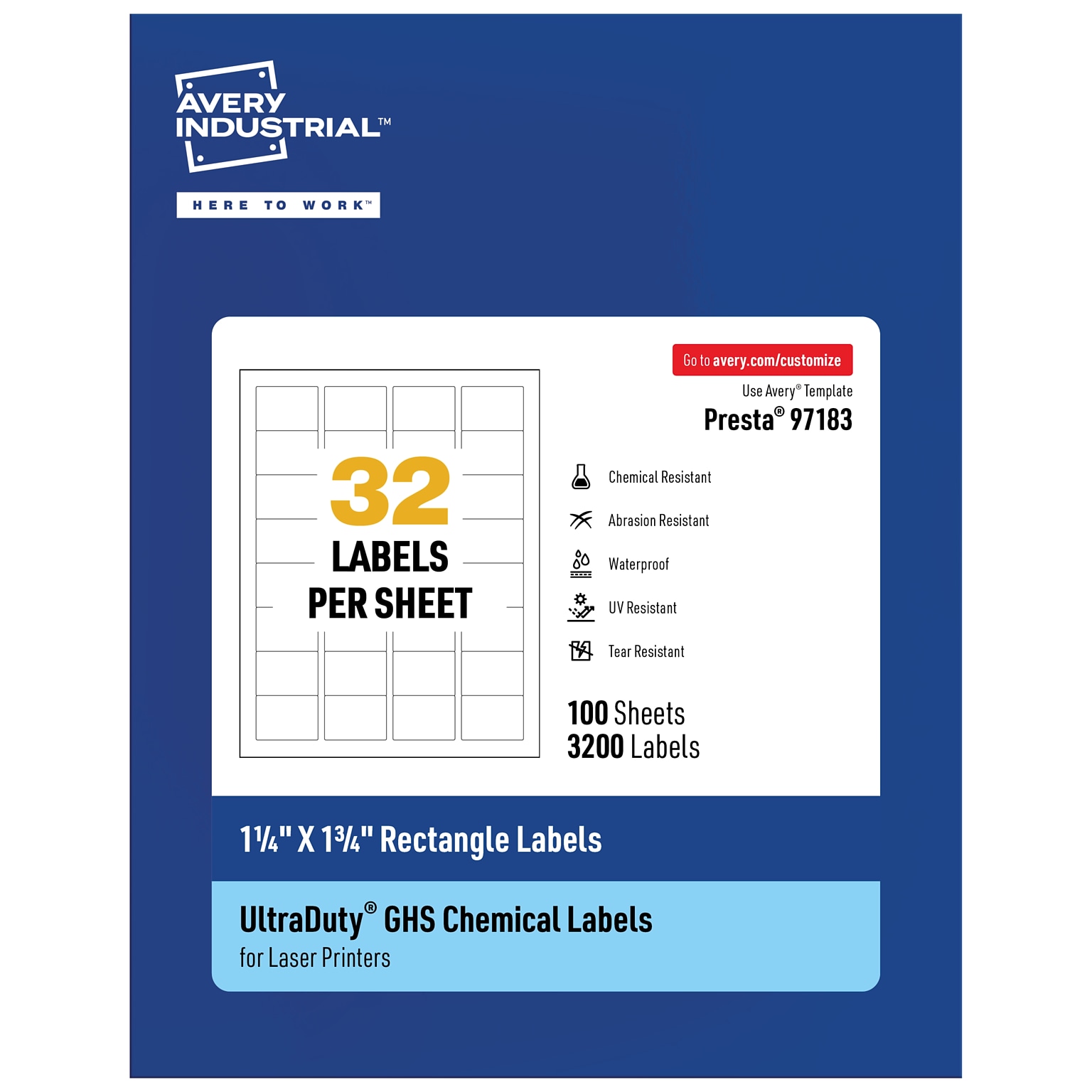 Avery UltraDuty Rectangle Multipurpose Labels, 1-1/4 x 1-3/4, White, 3200/Box  (97183)