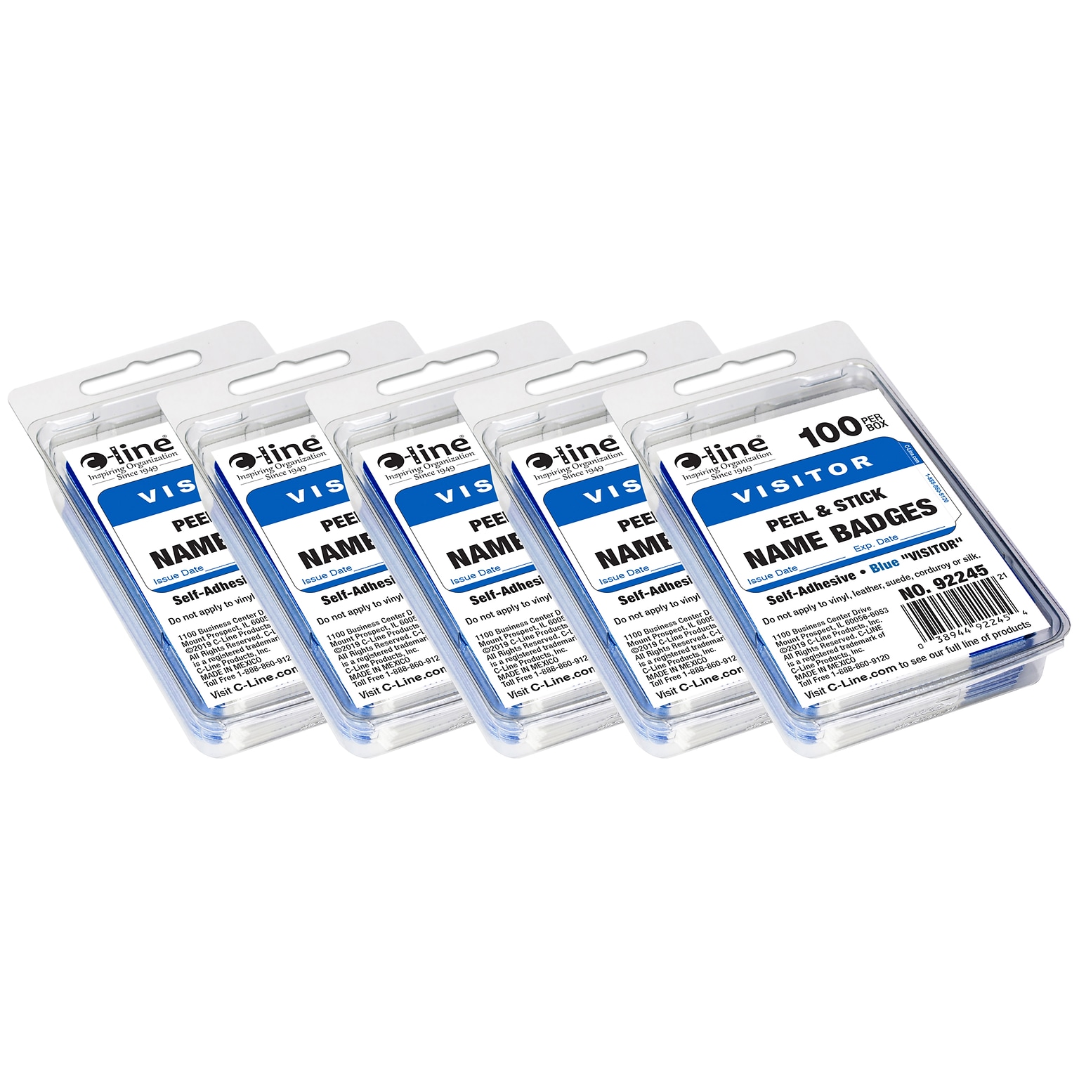 C-Line® Pressure Sensitive Badges, Visitor, Blue, 3-1/2 x 2-1/4, 100 Per Pack, 5 Packs (CLI92245-5)