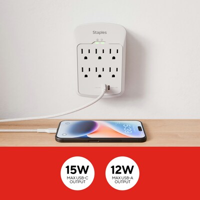 Staples TECH 6-Outlet 2-USB Port Surge Protector, 1800 Joules, White (ST62764)