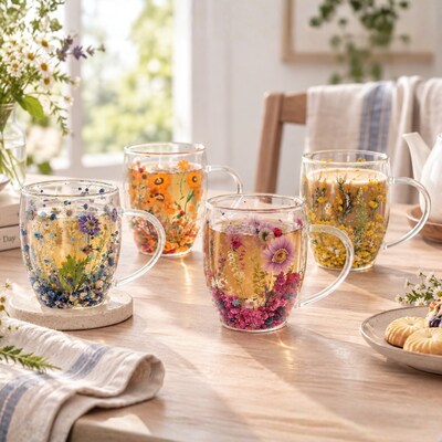 Double Wall Harvest Bloom Mugs, Set of 4