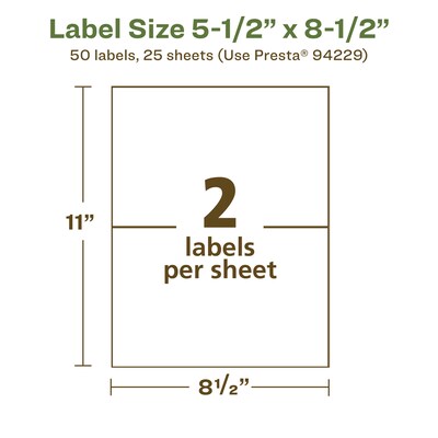 Avery EcoFriendly Laser/Inkjet Rectangle Multipurpose Labels, 5-1/2" x 8-1/2", White, 50/Pack (94229)