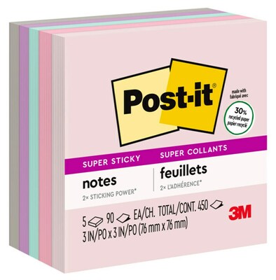Post-it Recycled Super Sticky Notes, 3 x 3, Wanderlust Pastels Collection, 90 Sheet/Pad, 5 Pads/Pack (654-5SSNRP)