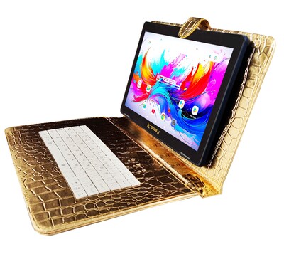 LINSAY F10 Series 10.1" Tablet, Wi-Fi, Octa Core, 256GB eMMC, Android 15, Golden Keyboard Case (F10IPGBDGPLUS)