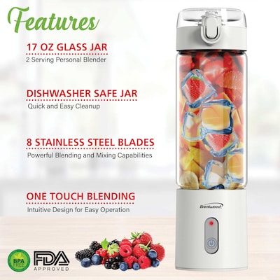 Brentwood 17-Oz. Portable Battery-Operated USB-Chargeable Glass Blender, White (RJB-100W)