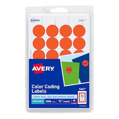 Avery Laser Color Coding Labels, 3/4 Dia., Neon Red, 24 Labels/Sheet, 42 Sheets/Pack (5467)