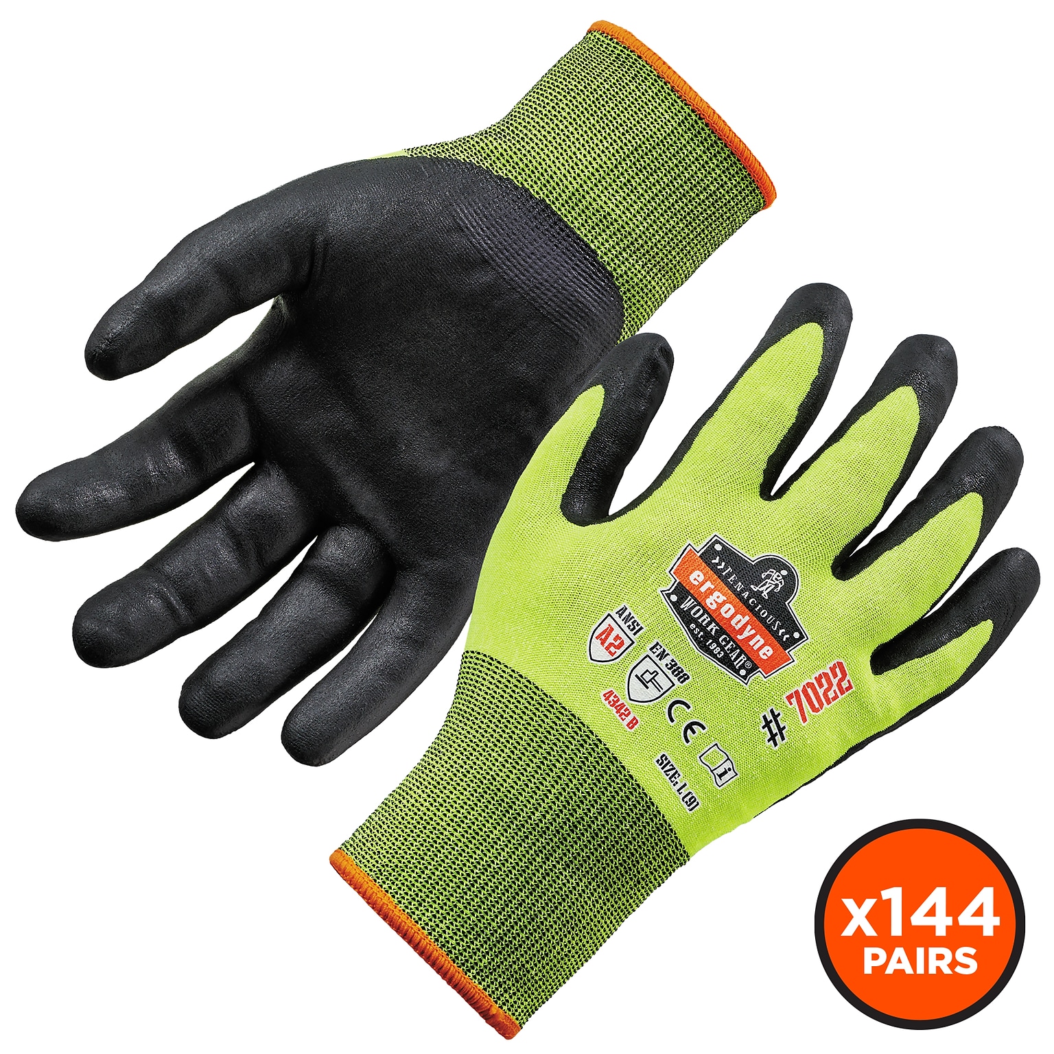 Ergodyne ProFlex 7022 Hi-Vis Nitrile Coated Cut-Resistant Gloves, ANSI A2, Dry Grip, Lime, Large, 144 Pairs (17874)