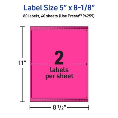 Avery Rectangle Laser/Inkjet Multipurpose Labels, 5" x 8-1/8", Neon Magenta (80/Box)