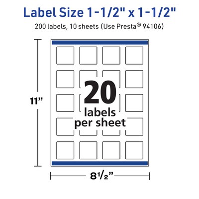 Avery TrueBlock Laser/Inkjet Square Multipurpose Labels, 1.5" x 1.5", White, 200 Labels/Pack (94106)