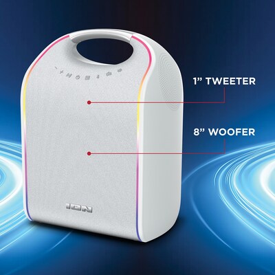 ION Stereo Glow Tone Wireless Bluetooth Portable Speaker with 8-In. Woofer & Lights, Water Resistant, White (GLOWTONEXUS)