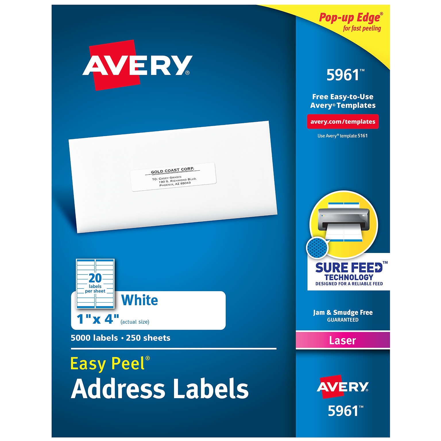 Avery Easy Peel Laser Address Labels, 1 x 4, White, 5,000 Labels/Box (5961)