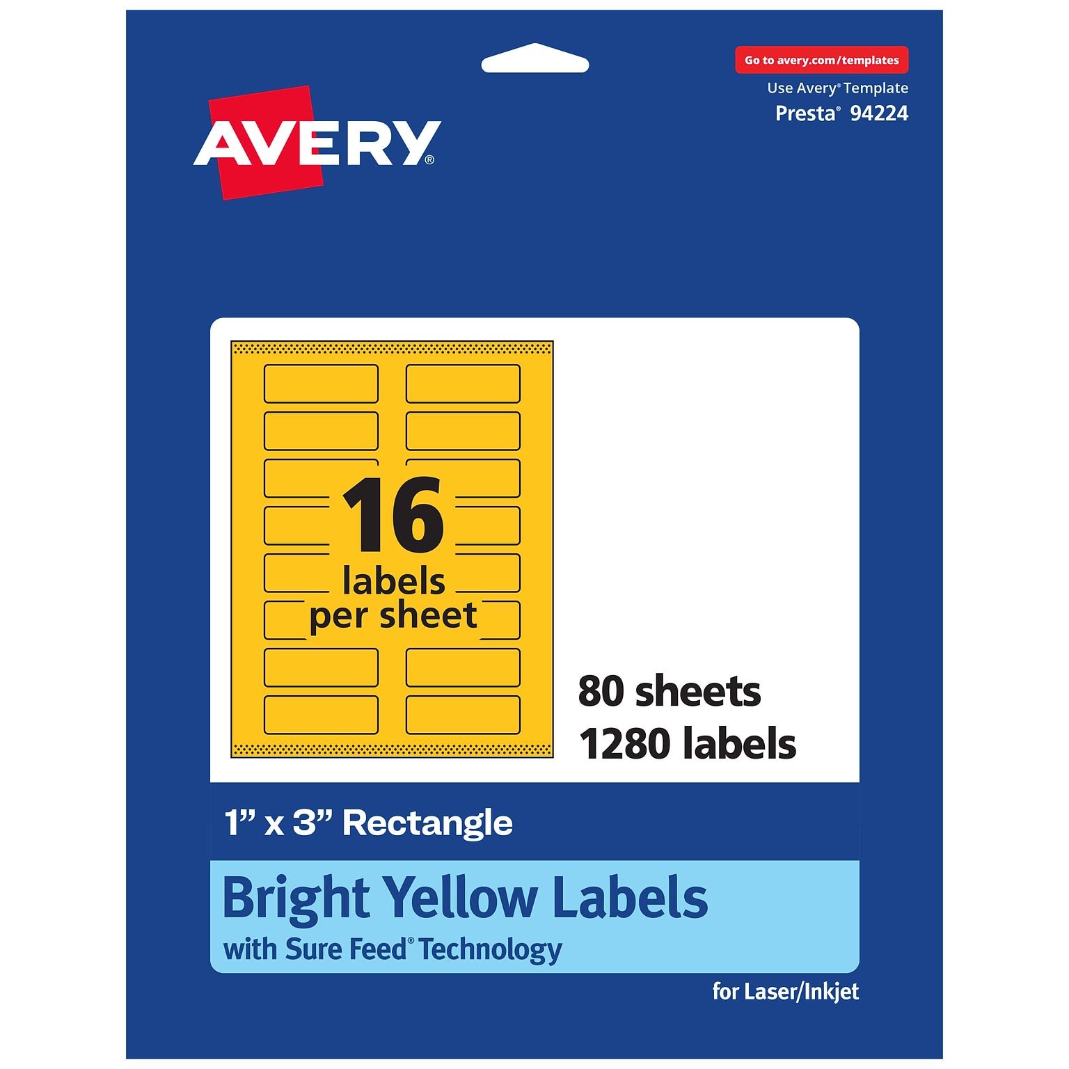 Avery Laser/Inkjet Rectangle Multipurpose Labels, 1 x 3, Bright Yellow, 1280/Box (94224)