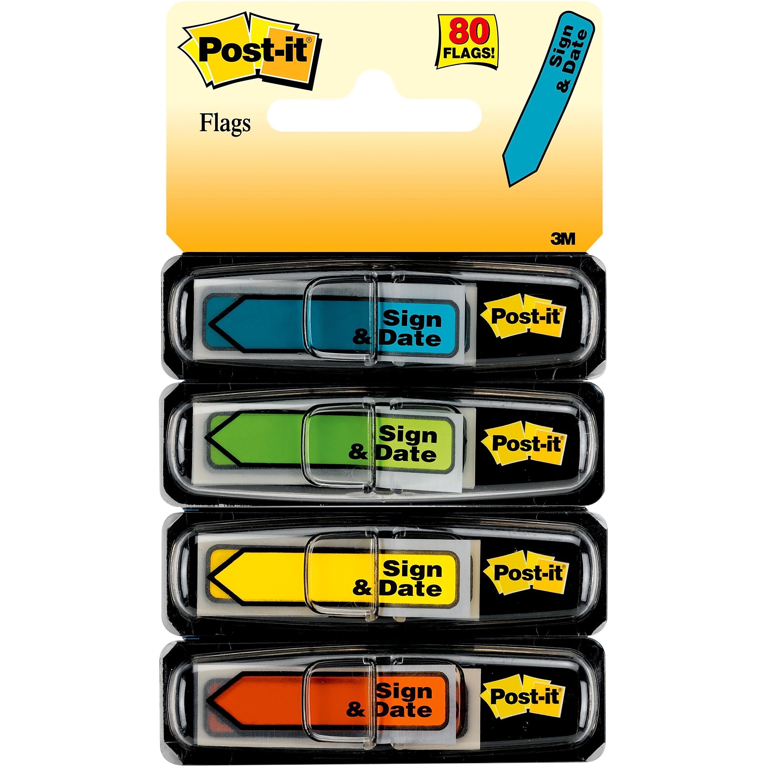 Post-it® Sign and Date Message Flags, 0.47 Wide, Assorted Colors, 80 Flags/Pack (684-SD)