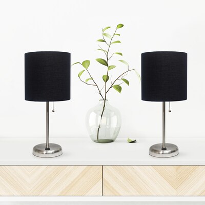 Creekwood Home Oslo Duo 19.5" LED Table Lamp with USB Port, Brushed Steel/Black Shade, 2/Set (CWT-2012-BK-2PK)