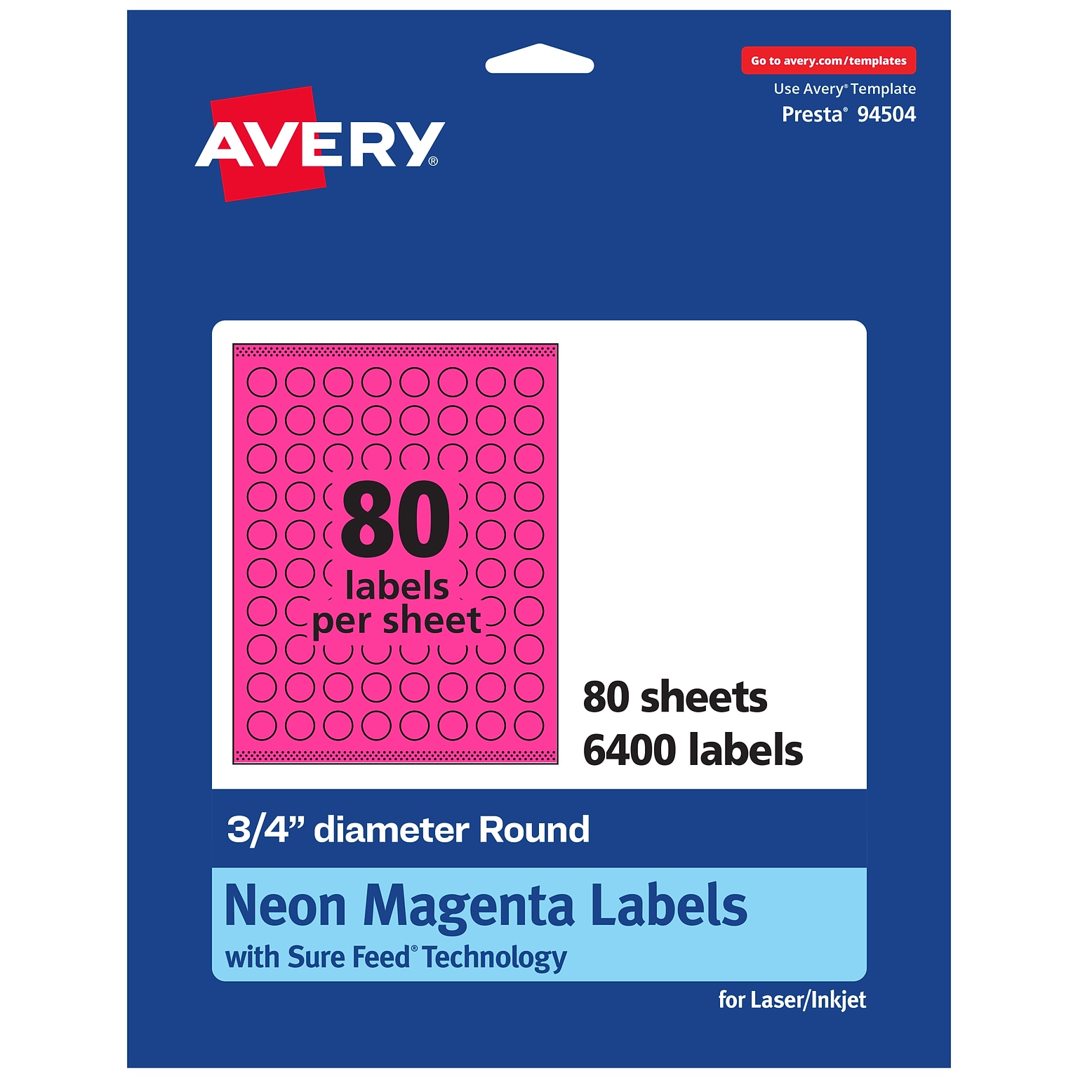 Avery Laser/Inkjet Waterproof Round Multipurpose Labels, 0.75 Dia., Neon Magenta, 6400 Labels/Box (94504)