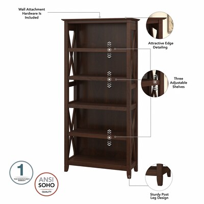 Bush Furniture Key West 66"H 5-Shelf Bookcase with Adjustable Shelves, Bing Cherry Laminate (KWB132BC-03)